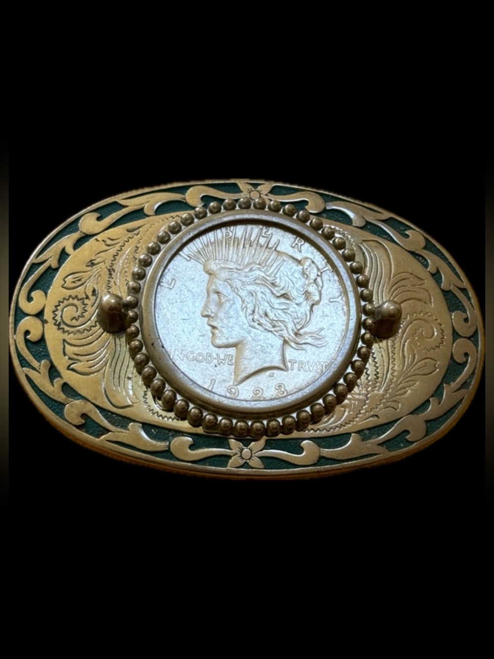 1923 SILVER $ BELT BUCKLE with
GENUINE PEACE DOLLAR ADAPTABLE USA VINTAGE UNISEX